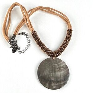 Lia Sophia Necklace HARVEST MOON Iridescent Abalone Shell Pendant Brown Cord